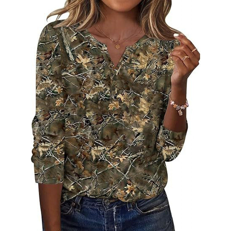 Aveline™ | Printed Long-Sleeve Notch-Neck Top for Women