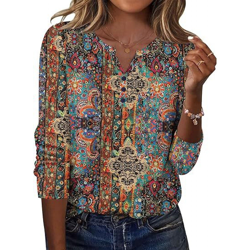 Aveline™ | Printed Long-Sleeve Notch-Neck Top for Women