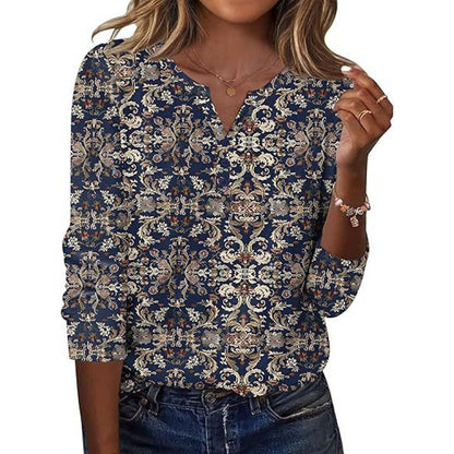 Aveline™ | Printed Long-Sleeve Notch-Neck Top for Women