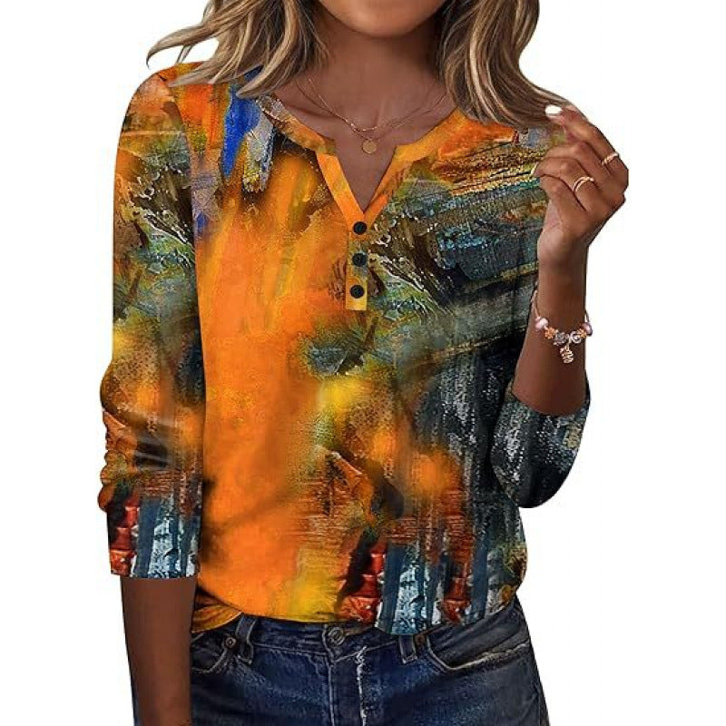 Aveline™ | Printed Long-Sleeve Notch-Neck Top for Women