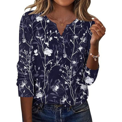Aveline™ | Printed Long-Sleeve Notch-Neck Top for Women