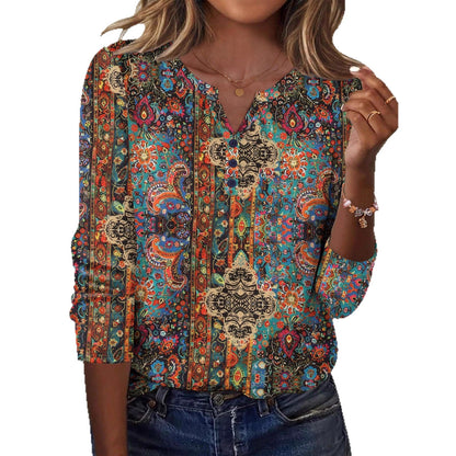 Aveline™ | Printed Long-Sleeve Notch-Neck Top for Women