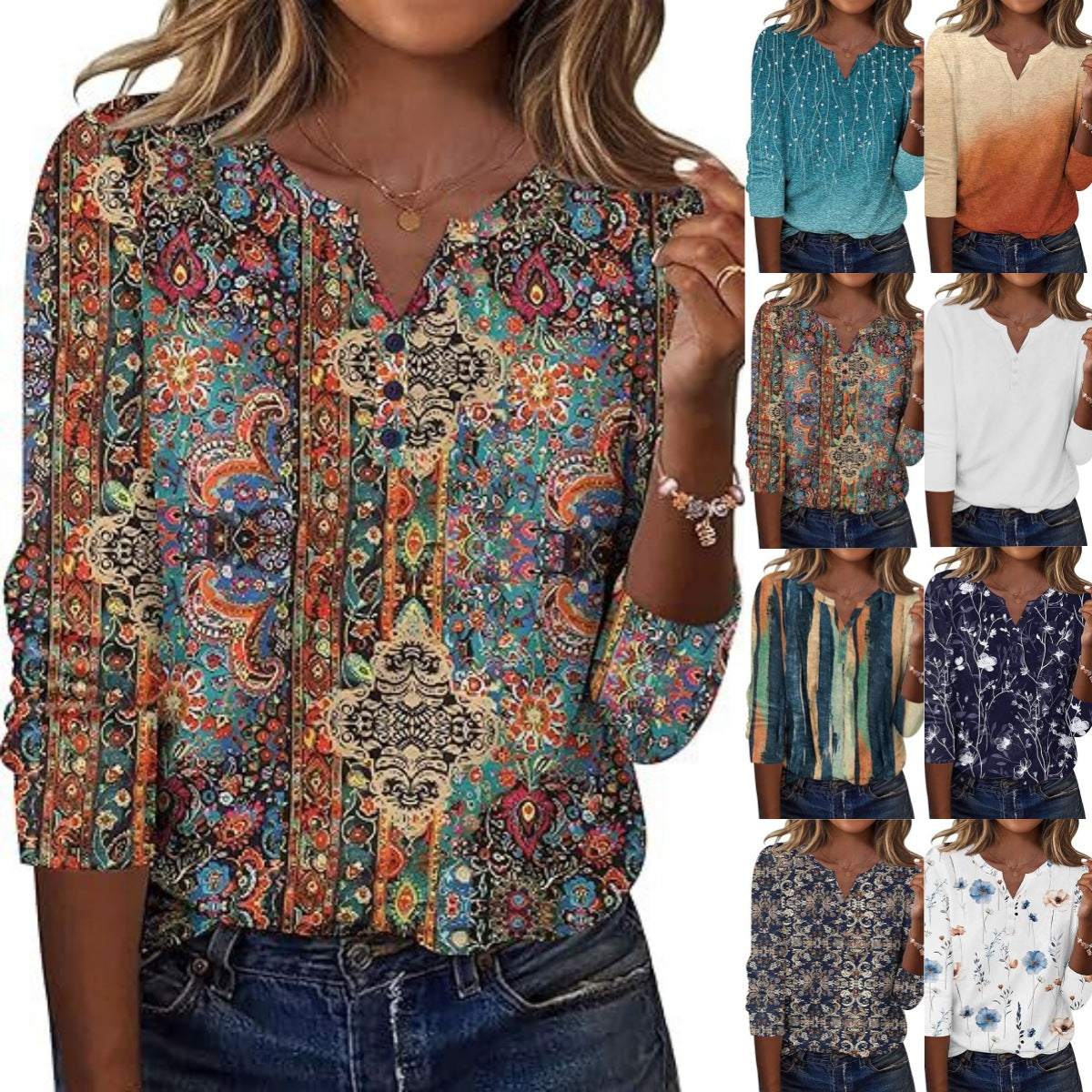 Aveline™ | Printed Long-Sleeve Notch-Neck Top for Women