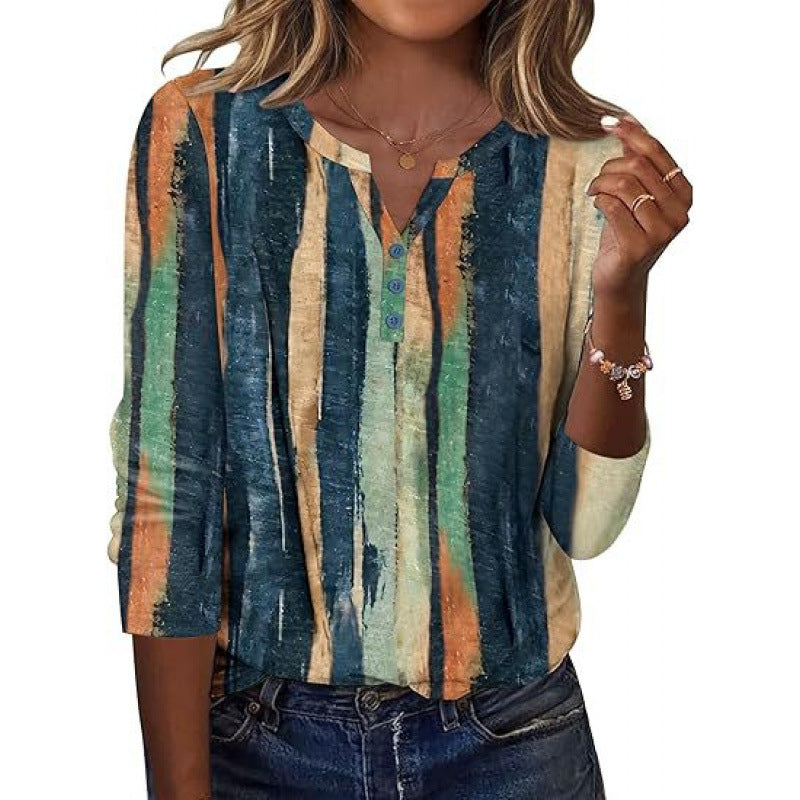 Aveline™ | Printed Long-Sleeve Notch-Neck Top for Women