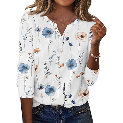 Aveline™ | Printed Long-Sleeve Notch-Neck Top for Women