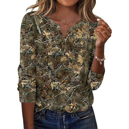 Aveline™ | Printed Long-Sleeve Notch-Neck Top for Women