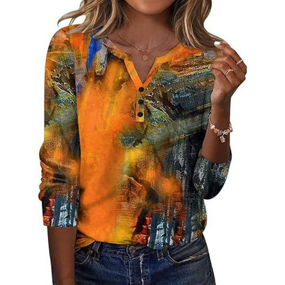 Aveline™ | Printed Long-Sleeve Notch-Neck Top for Women